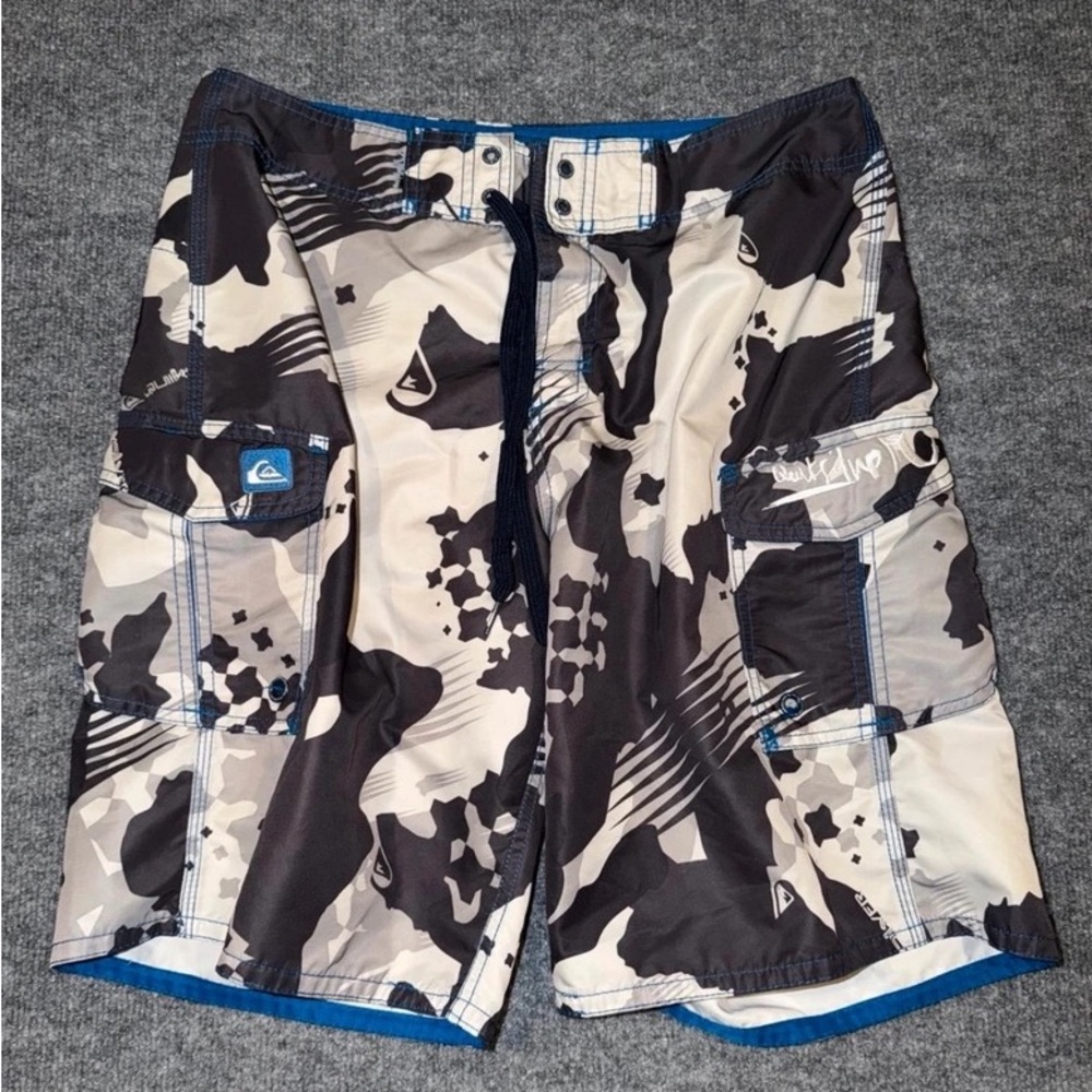 Quiksilver Gray and Black Camo Cargo Boardshorts with Blue Trim